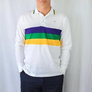 Mardi Gras Adult White Long Sleeve Polo Shirt With Purple Green and Gold Stripes